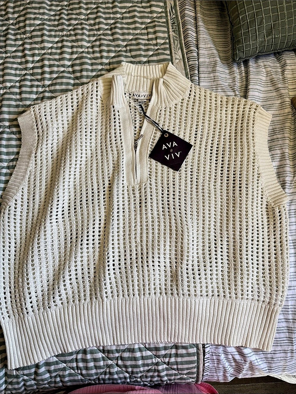 AVA & VIV Zip Front Knit Sweater in Cream NWT
